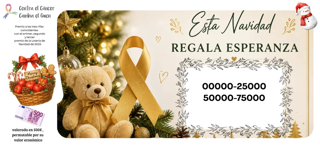 Esta Navidad regala esperanza: sorteo de una cesta de Navidad valorada en 500 €, permutable por su valor económico. Premio a las tres rifas coincidentes con el primer, segundo y tercer premio de la Lotería de Navidad de 2026. Números 00000-25000 y 50000-75000