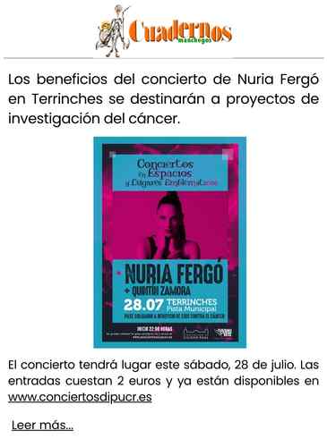 Los beneficios del concierto de Nuria Fergó en Terrinches se destinarán a proyectos de investigación del cáncer.