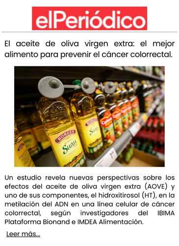 El aceite de oliva virgen extra el mejor alimento para prevenir el cáncer colorrectal.